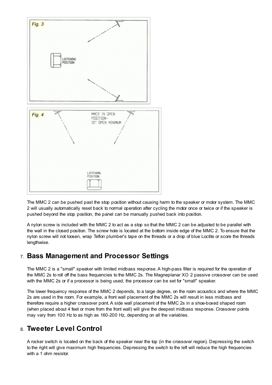 Bass management and processor settings, Tweeter level control | Magnepan MMC 2 User Manual | Page 5 / 6