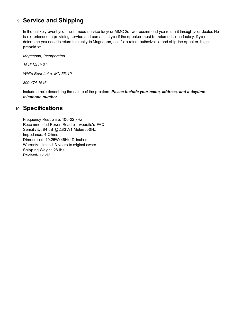 Service and shipping, Specifications | Magnepan MMC 2 User Manual | Page 6 / 6