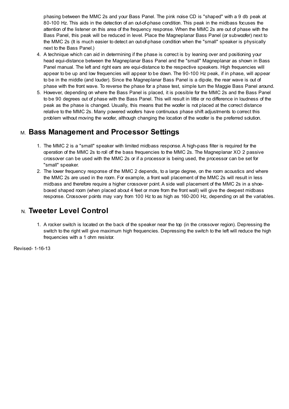 Bass management and processor settings, Tweeter level control | Magnepan MMC 2 User Manual | Page 13 / 13