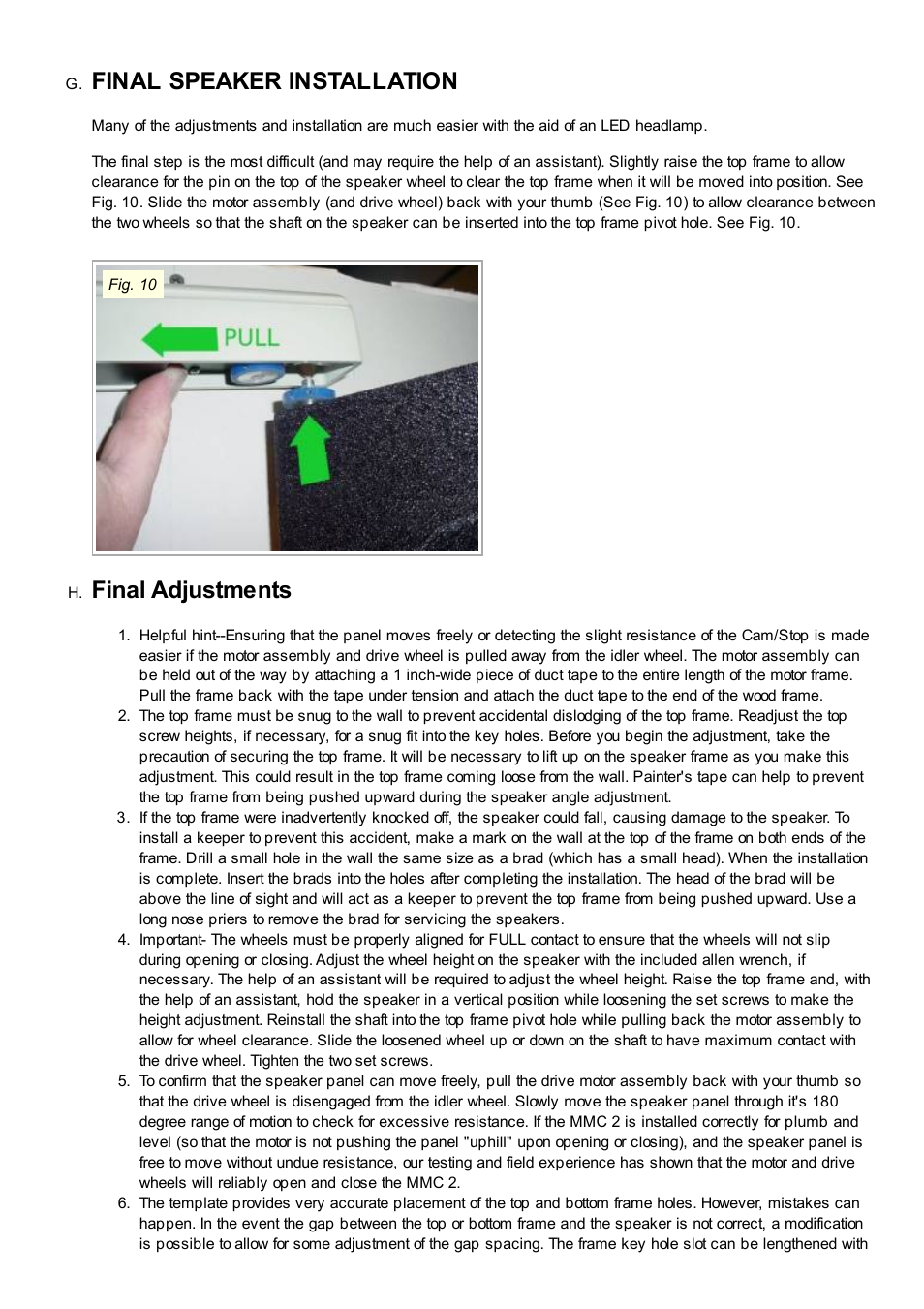 Final speaker installation, Final adjustments | Magnepan MMC 2 User Manual | Page 8 / 13