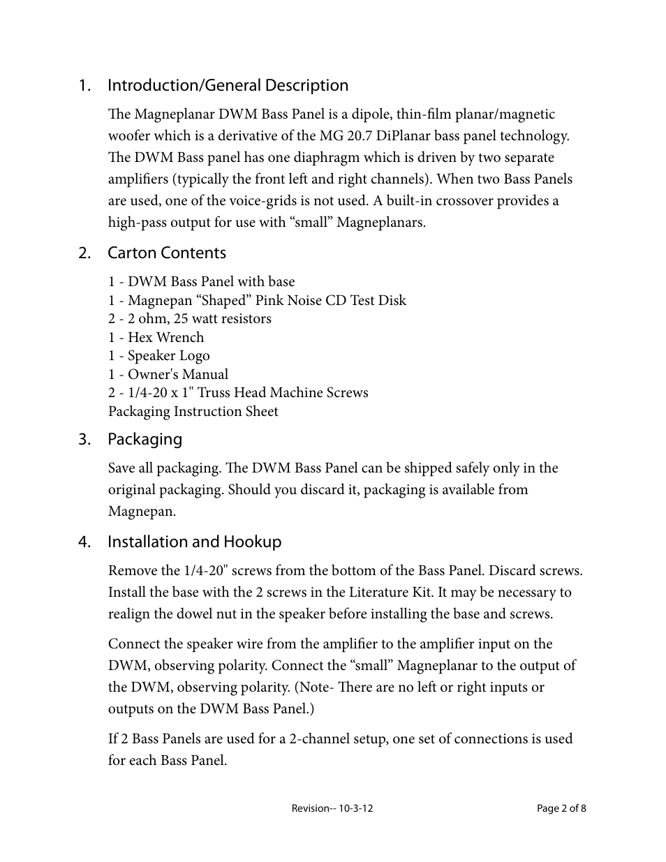 Magnepan DWM User Manual | Page 2 / 8