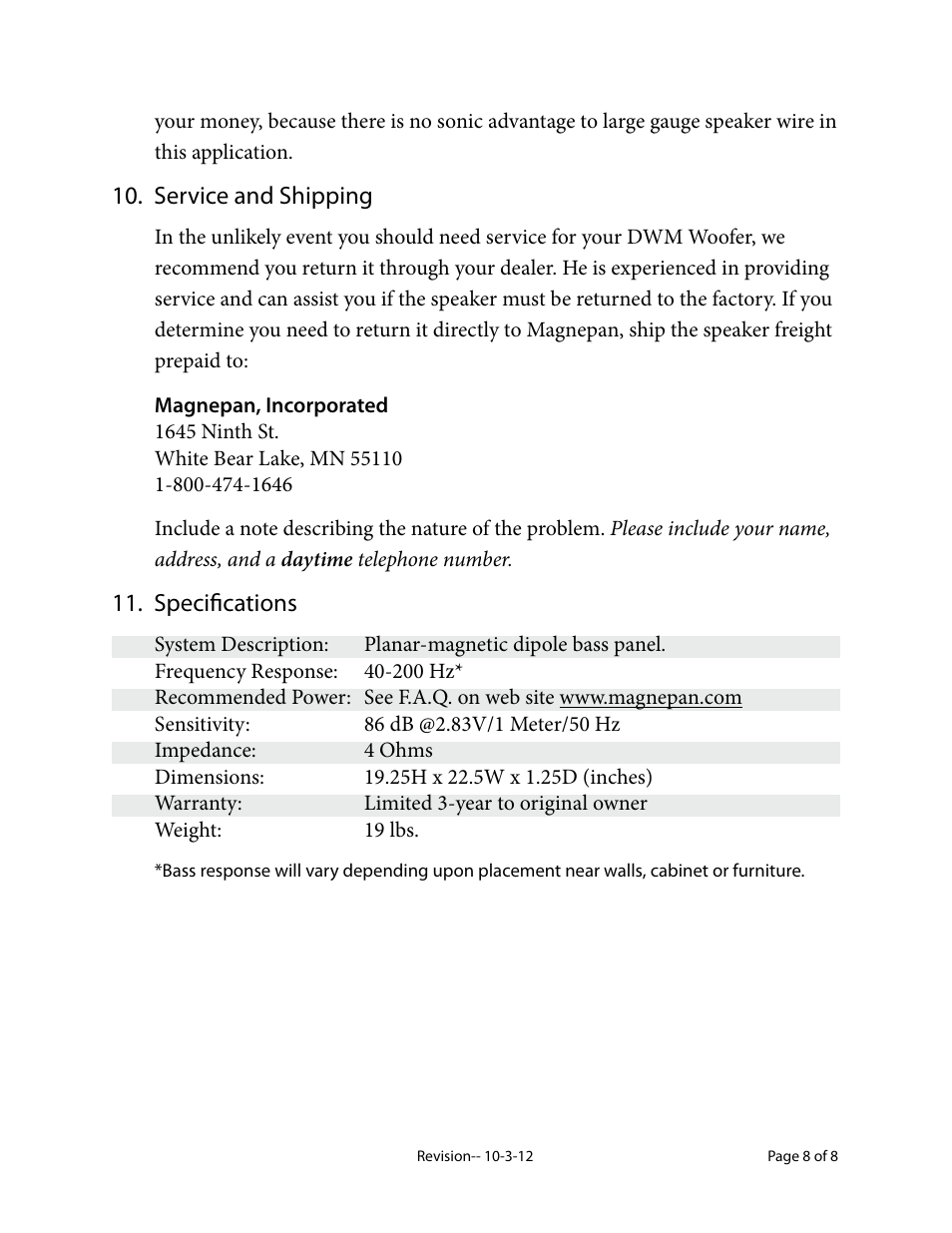 Magnepan DWM User Manual | Page 8 / 8