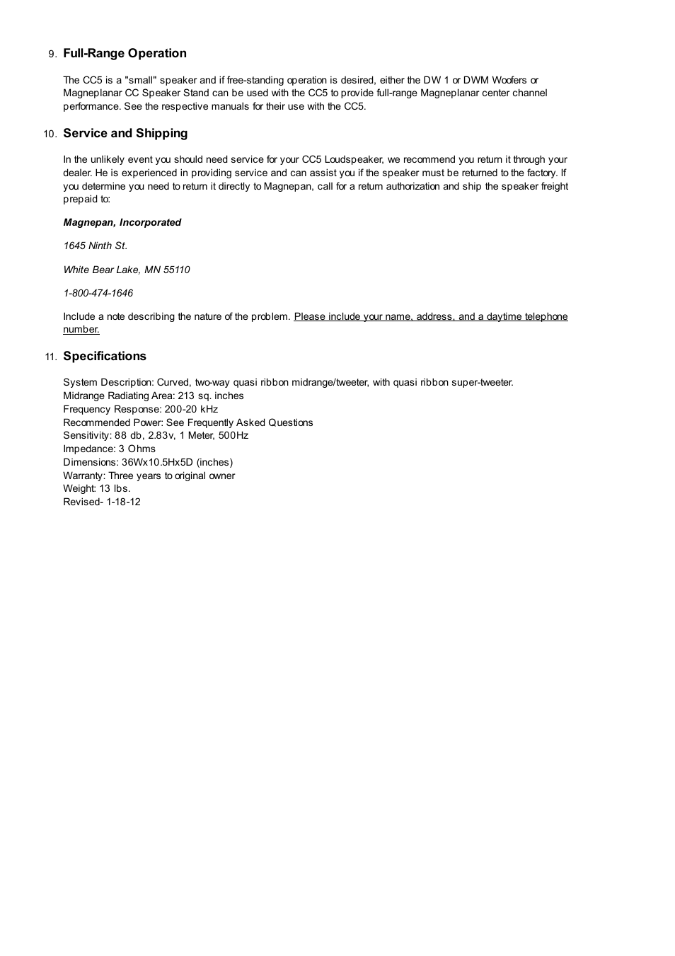 Full-range operation, Service and shipping, Specifications | Magnepan CC5 User Manual | Page 5 / 5