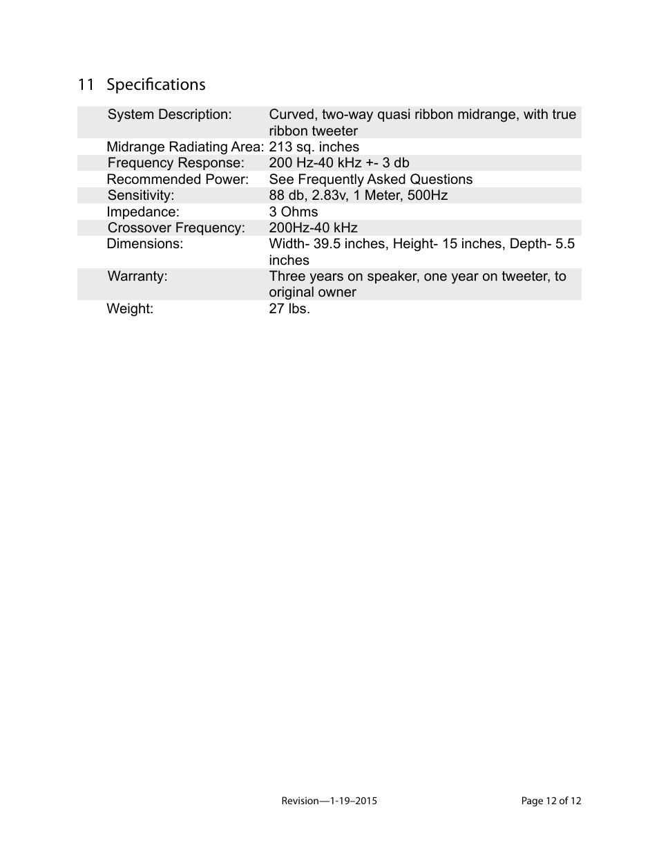 11 specifications | Magnepan CCR User Manual | Page 12 / 12