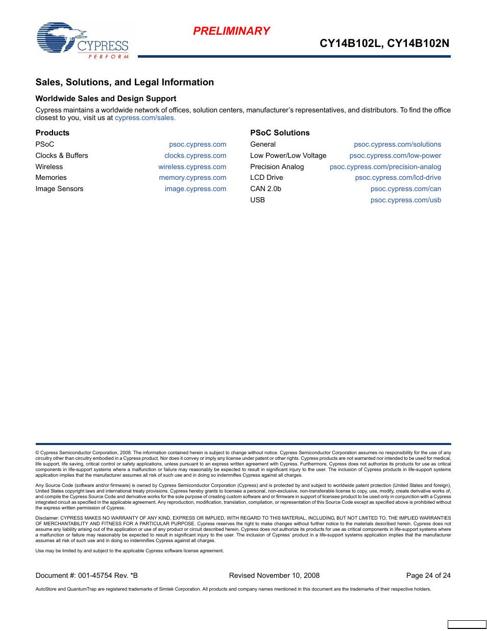 Sales, solutions, and legal information, Worldwide sales and design support, Products | Psoc solutions | Cypress Perform nvSRAM User Manual | Page 24 / 24