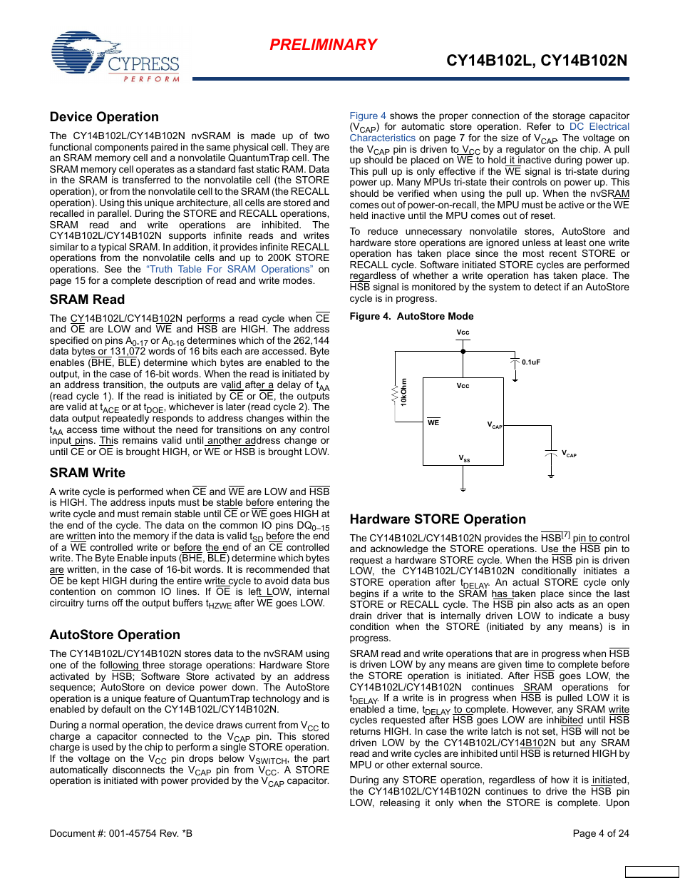 Device operation, Sram read, Sram write | Autostore operation, Hardware store operation | Cypress Perform nvSRAM User Manual | Page 4 / 24