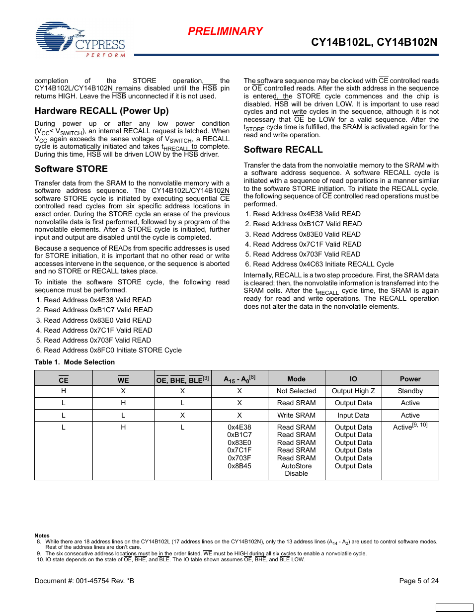 Hardware recall (power up), Software store, Software recall | Cypress Perform nvSRAM User Manual | Page 5 / 24