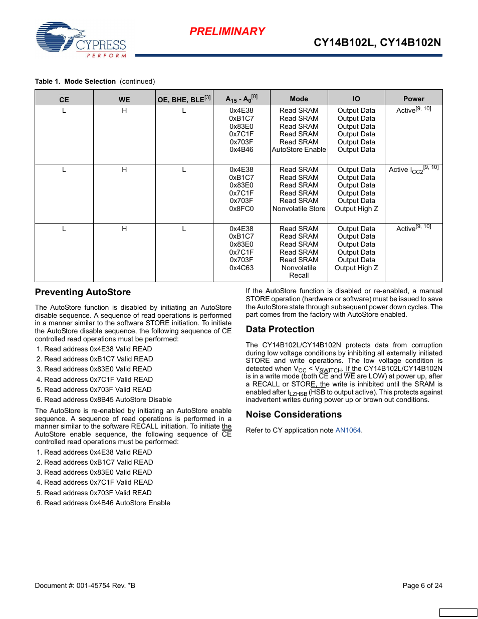 Preventing autostore, Data protection, Noise considerations | Cypress Perform nvSRAM User Manual | Page 6 / 24