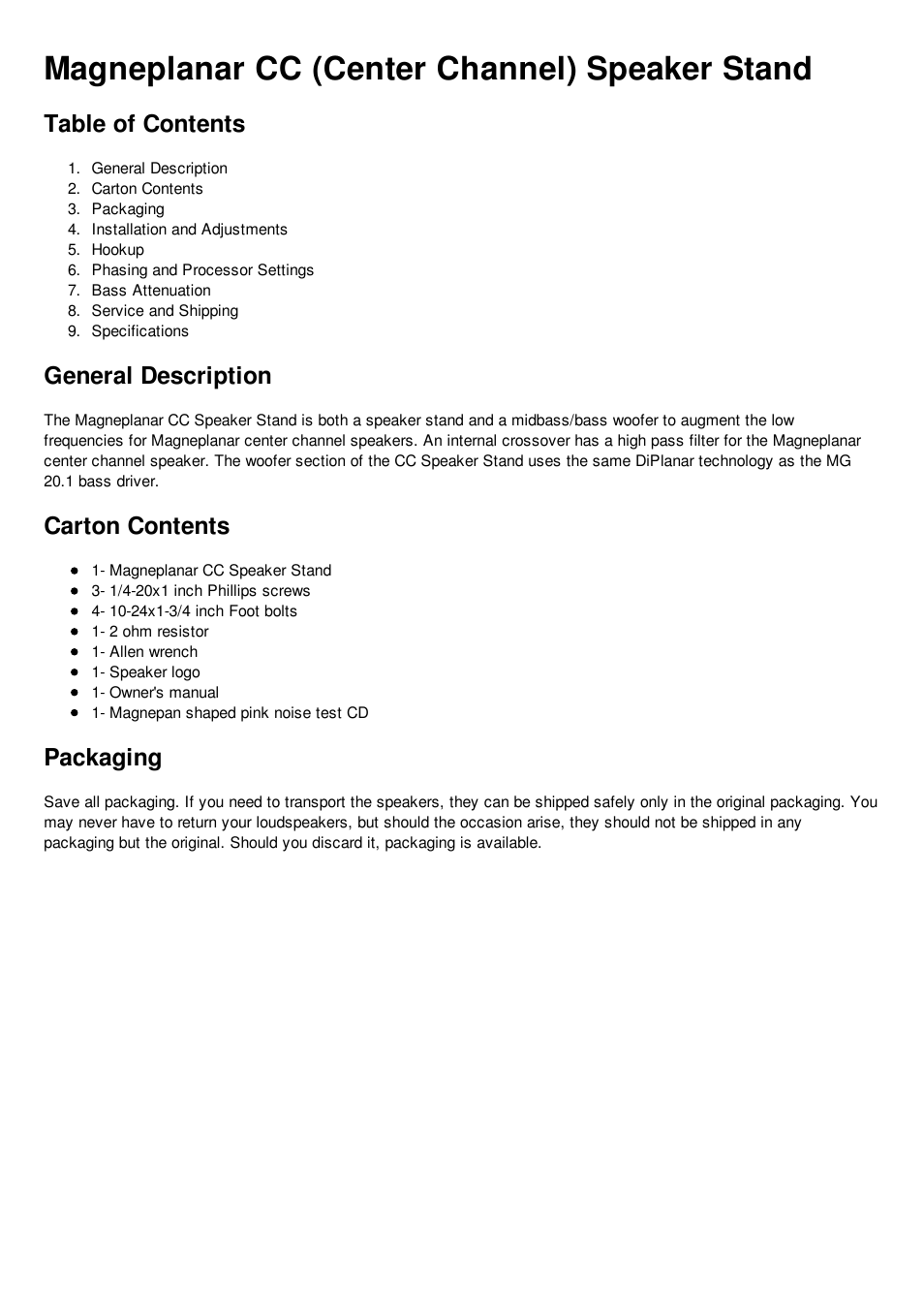 Magnepan CC Speaker Stand User Manual | 6 pages