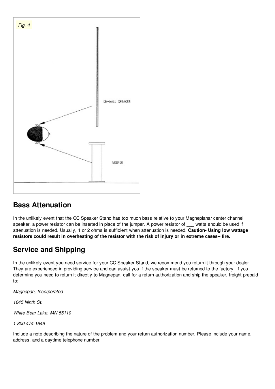 Bass attenuation, Service and shipping | Magnepan CC Speaker Stand User Manual | Page 5 / 6