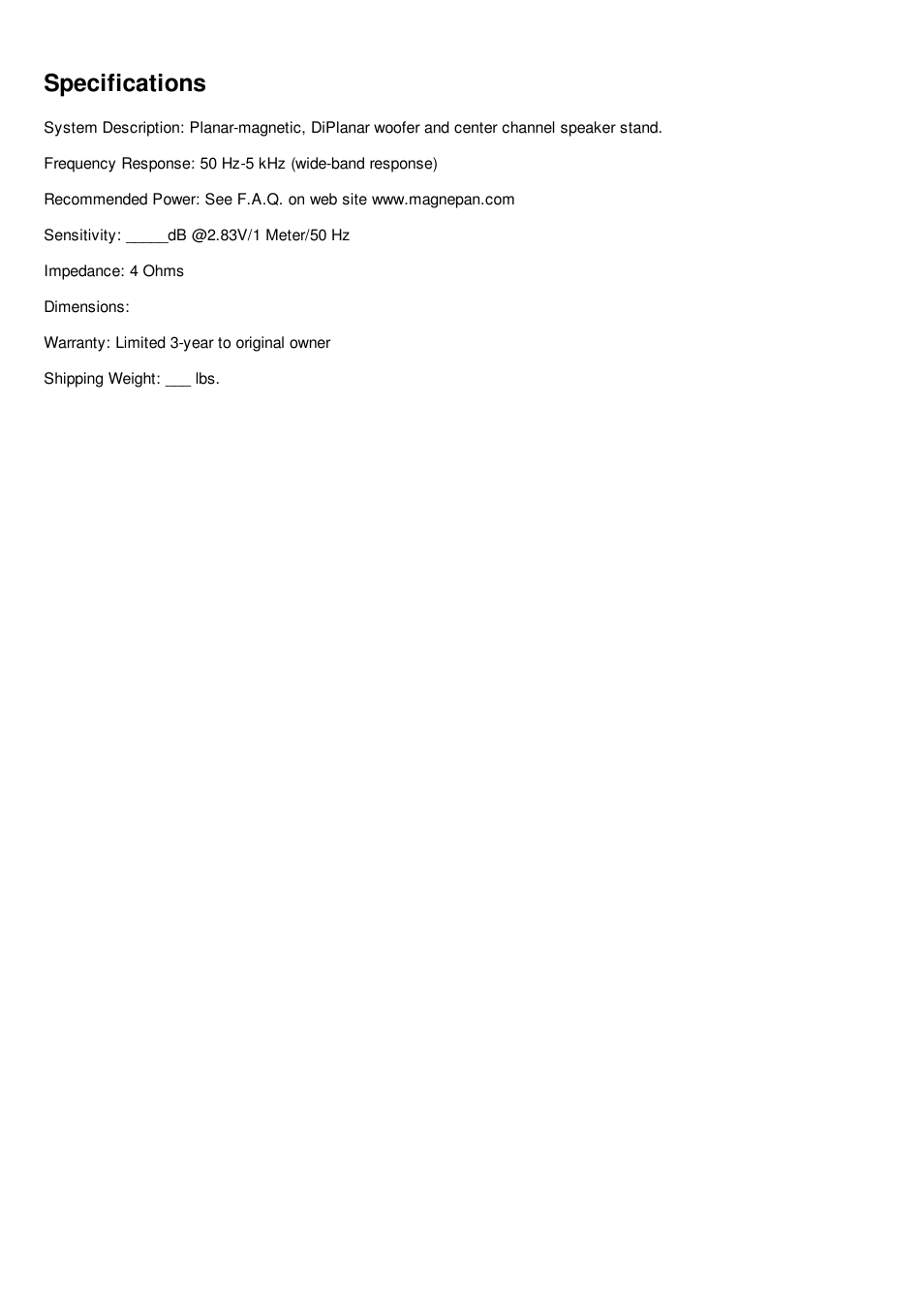 Specifications | Magnepan CC Speaker Stand User Manual | Page 6 / 6