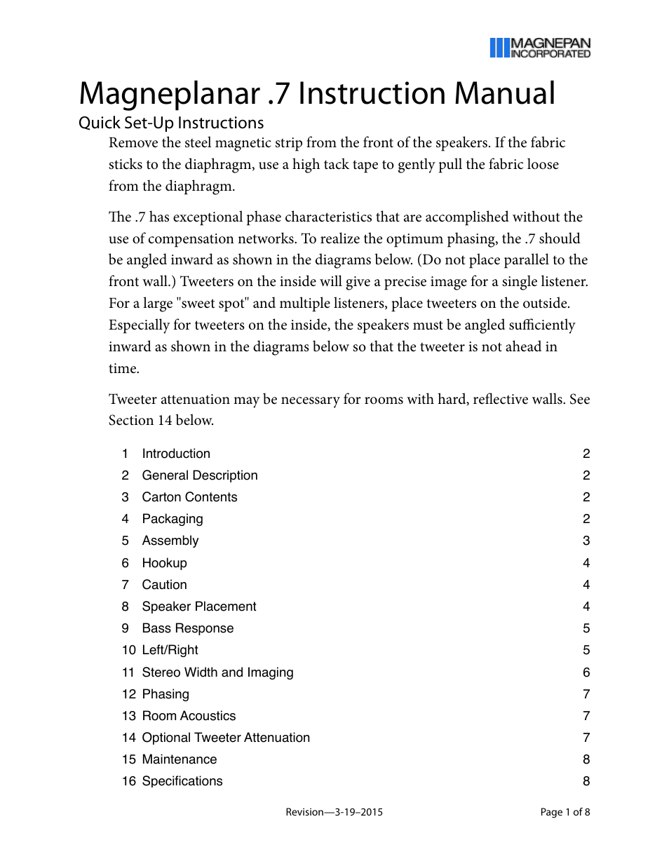 Magnepan MG .7 User Manual | 8 pages