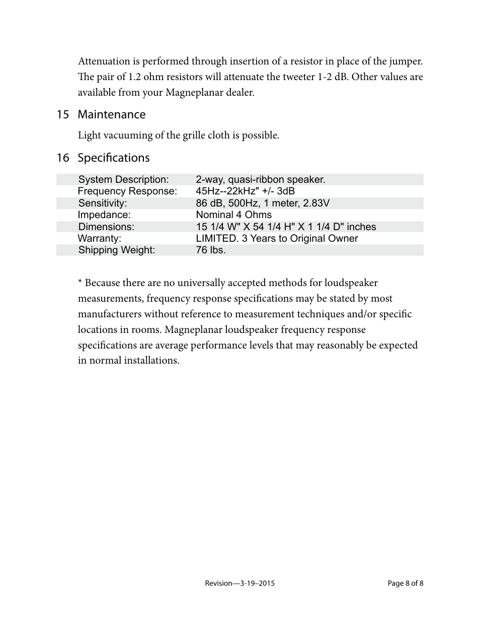 15 maintenance, 16 specifications | Magnepan MG .7 User Manual | Page 8 / 8