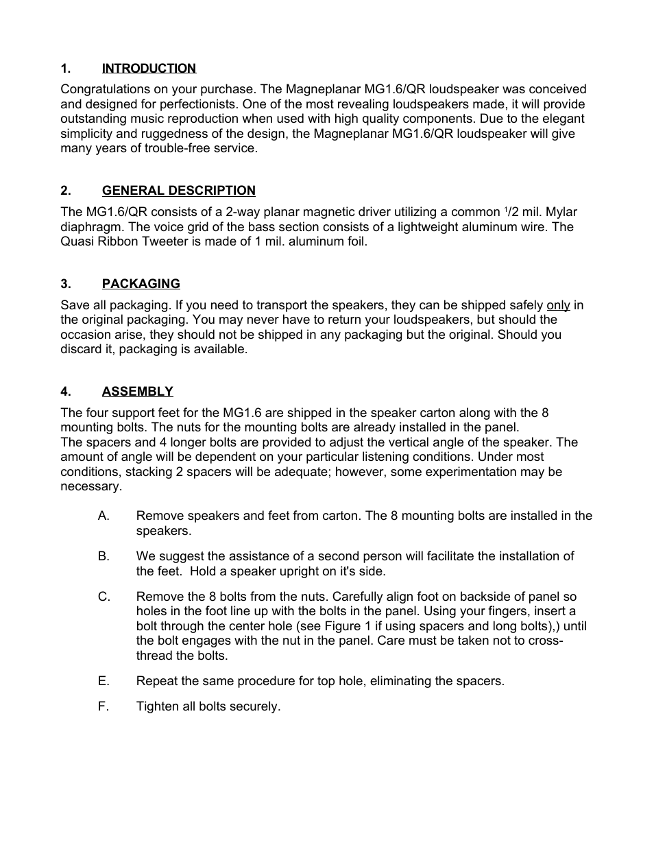 Introduction, General description, Packaging | Assembly | Magnepan MG 1.6 User Manual | Page 2 / 9
