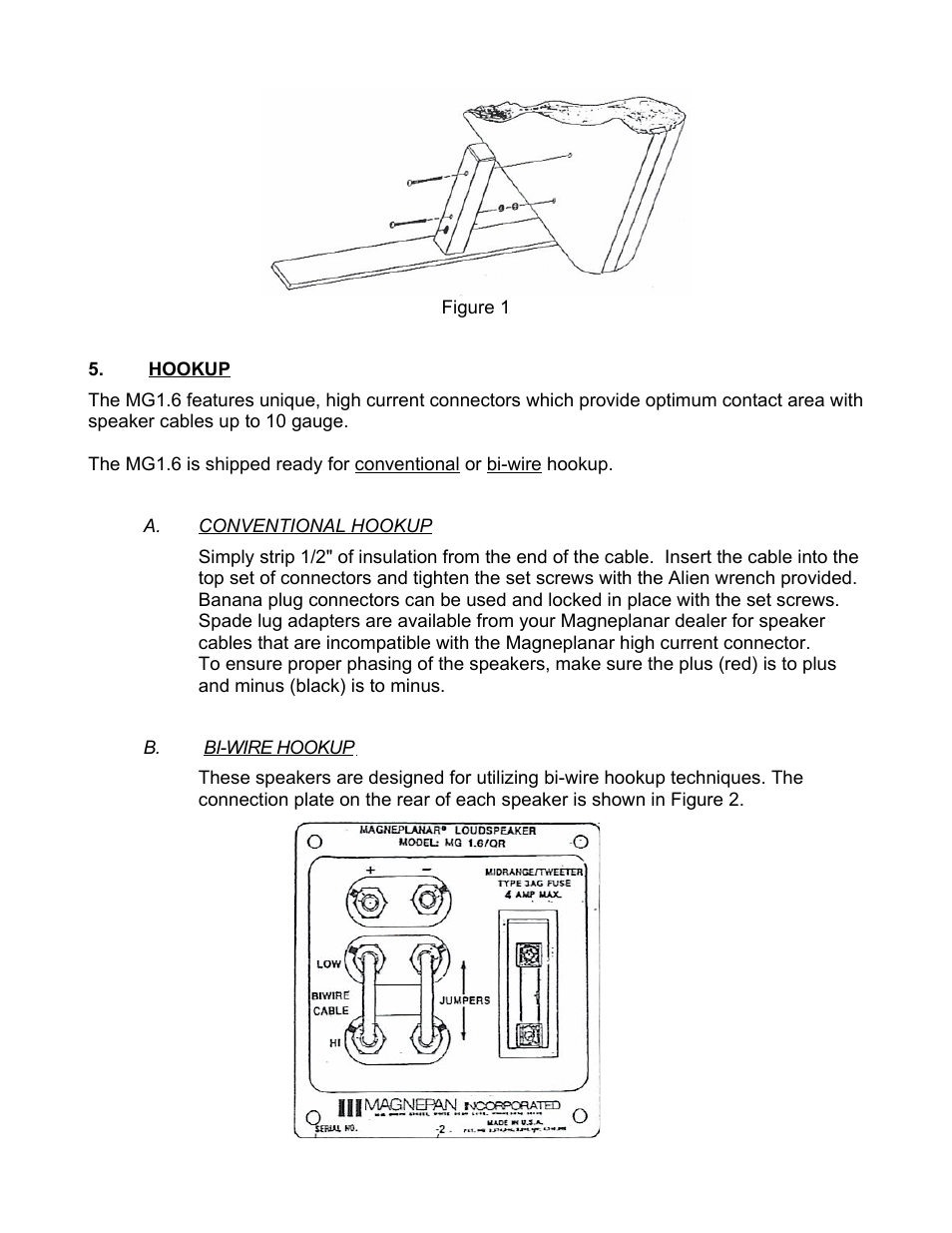 Hookup, A. conventional hookup, B. bi-wire hookup | Magnepan MG 1.6 User Manual | Page 3 / 9