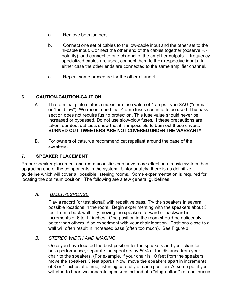 Caution-caution-caution, Speaker placement, A. bass response | B. stereo width and imaging | Magnepan MG 1.6 User Manual | Page 4 / 9