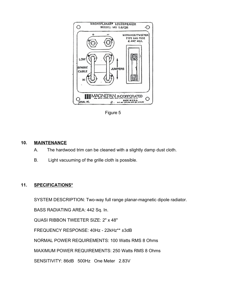 Maintenance, Specifications | Magnepan MG 1.6 User Manual | Page 8 / 9