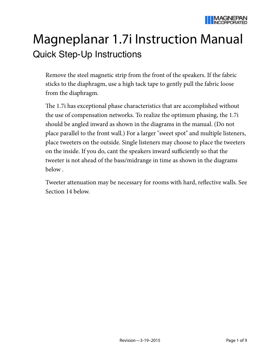 Magnepan MG 1.7 User Manual | 9 pages