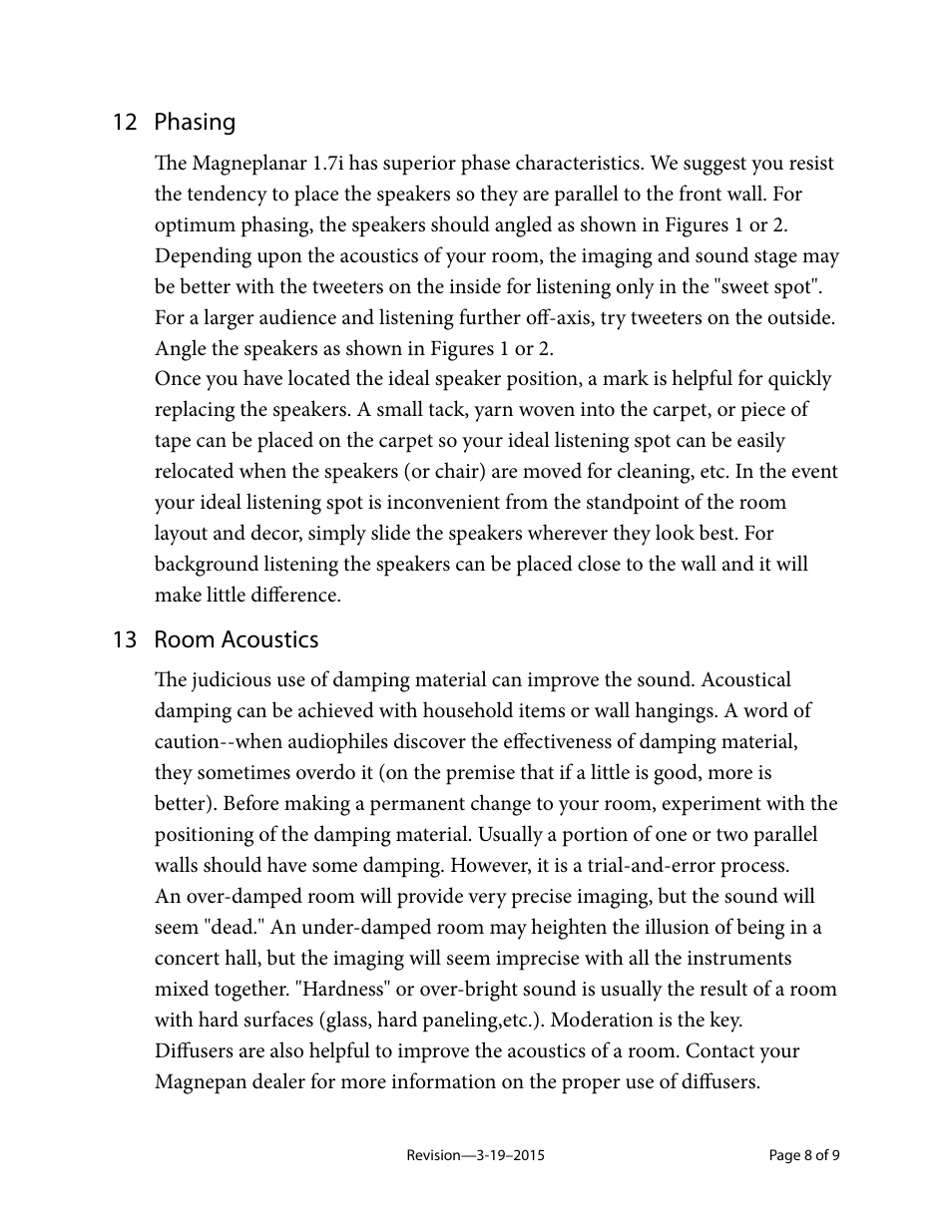 12 phasing, 13 room acoustics | Magnepan MG 1.7 User Manual | Page 8 / 9