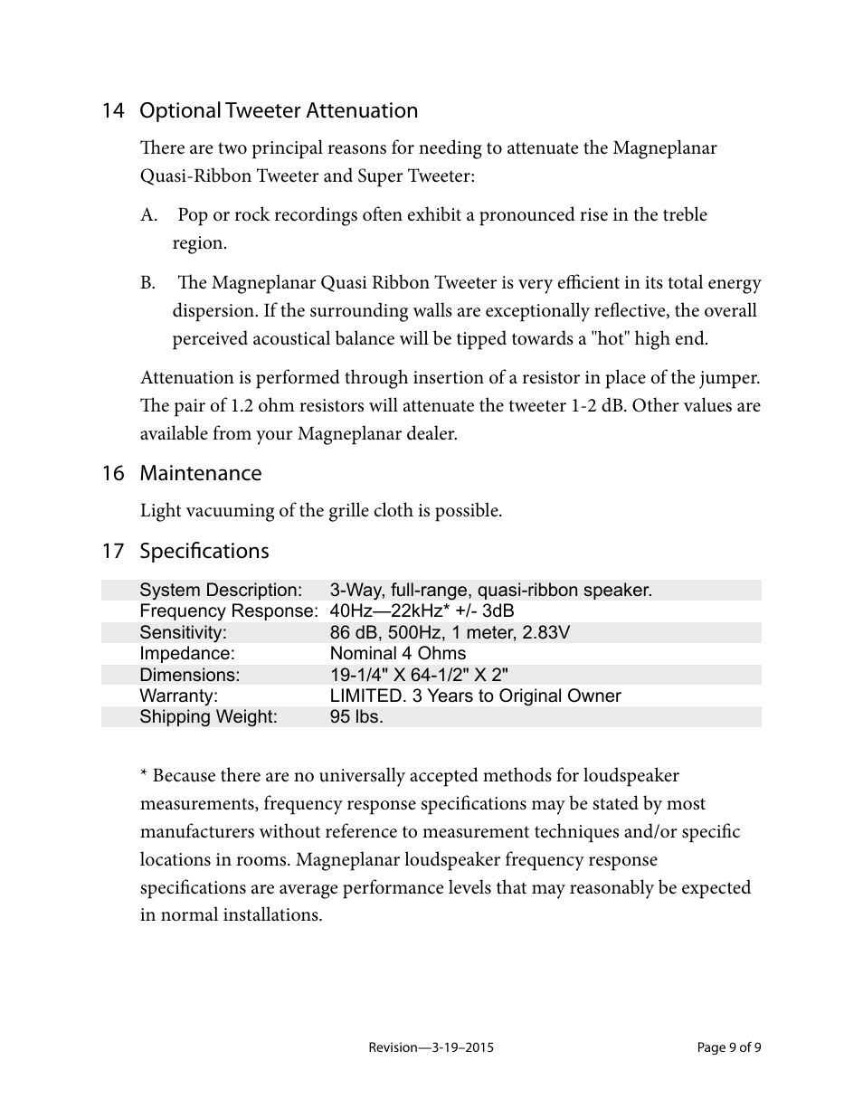 14 optional tweeter attenuation, 16 maintenance, 17 specifications | Magnepan MG 1.7 User Manual | Page 9 / 9