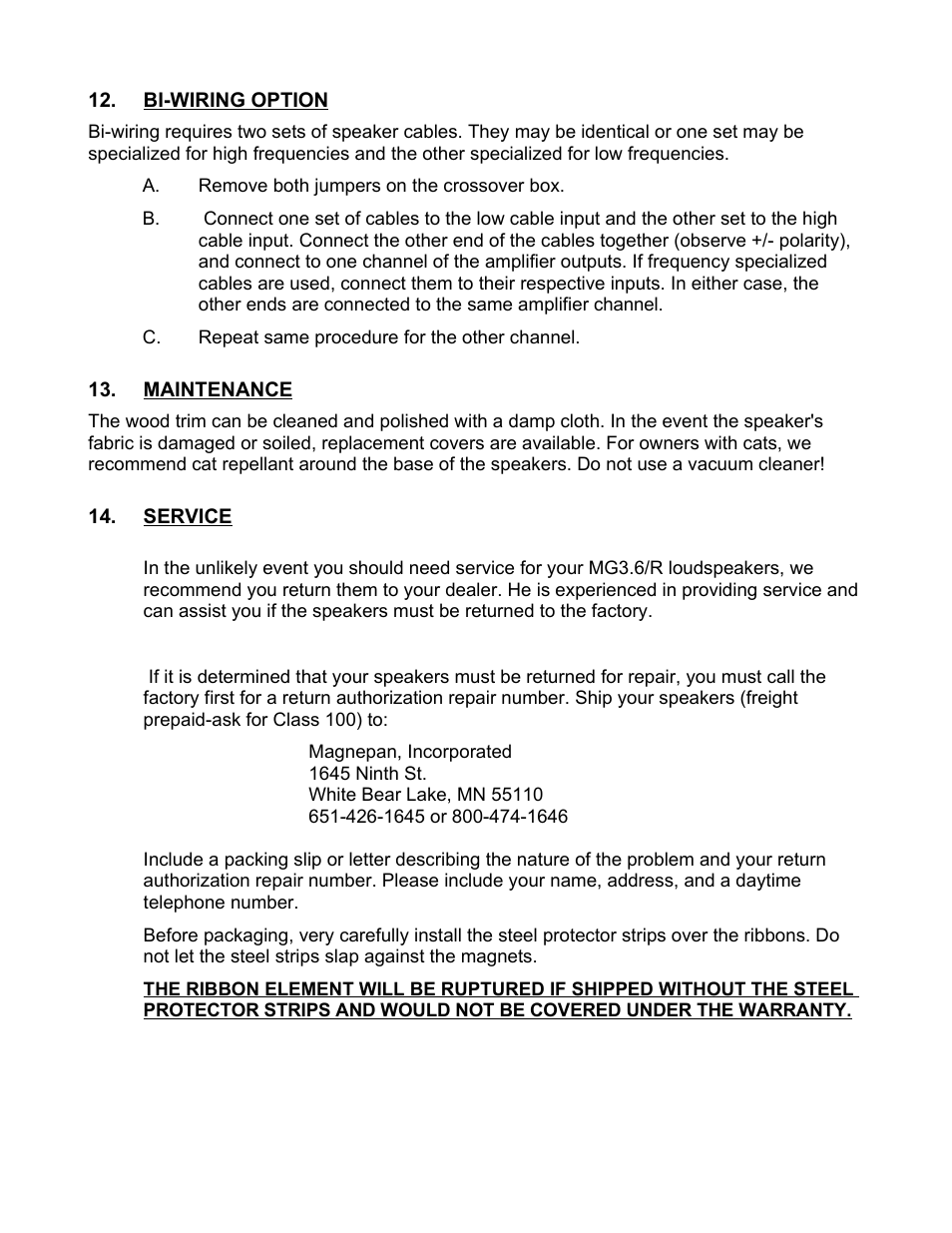 Bi-wiring option, Maintenance, Service | Magnepan MG 3.6 User Manual | Page 11 / 14