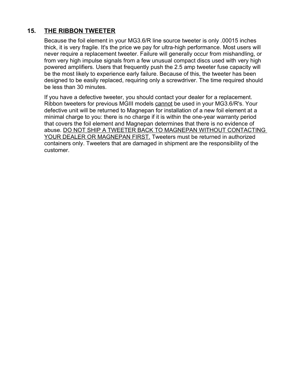 The ribbon tweeter | Magnepan MG 3.6 User Manual | Page 12 / 14