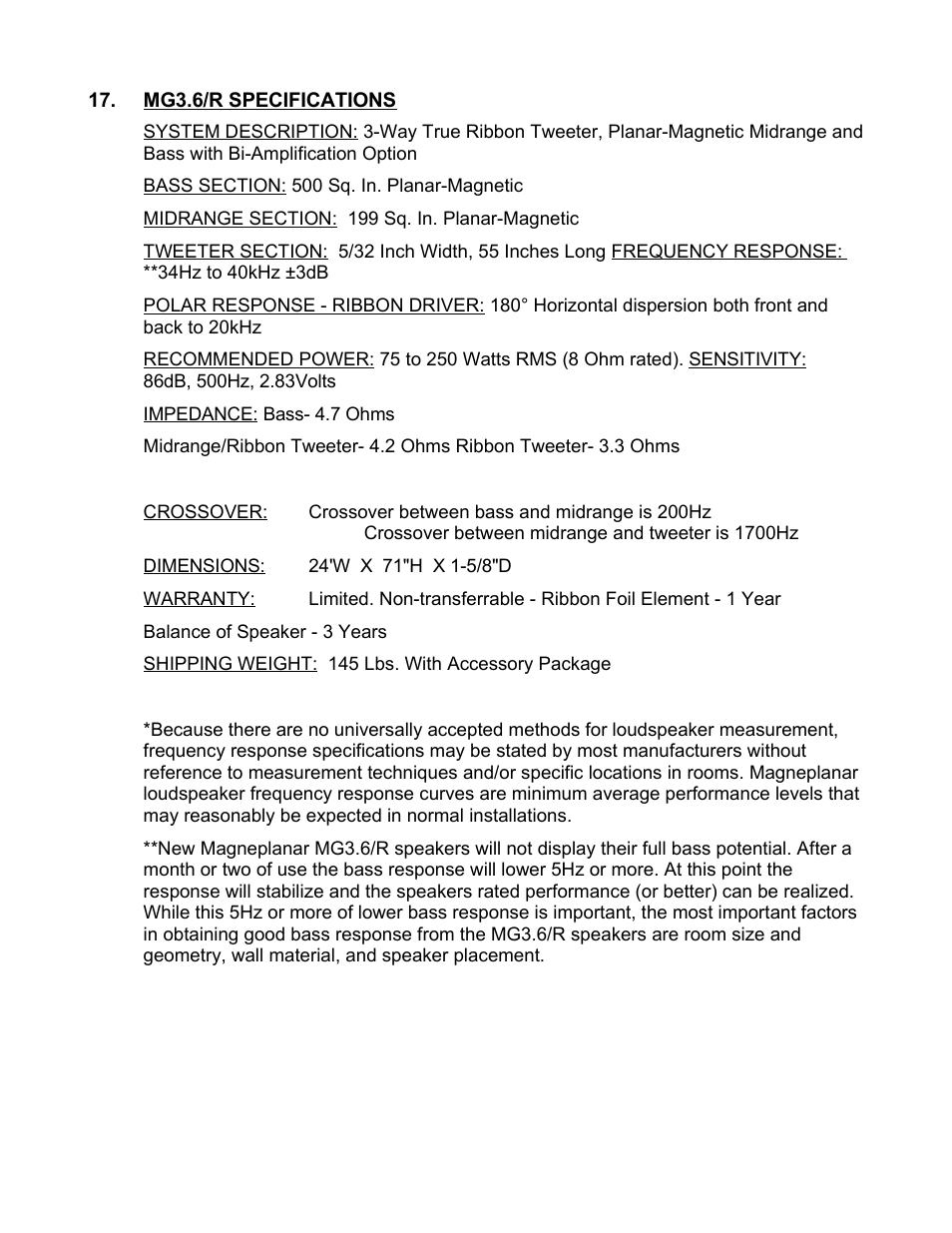 Mg3.6/r specifications | Magnepan MG 3.6 User Manual | Page 14 / 14