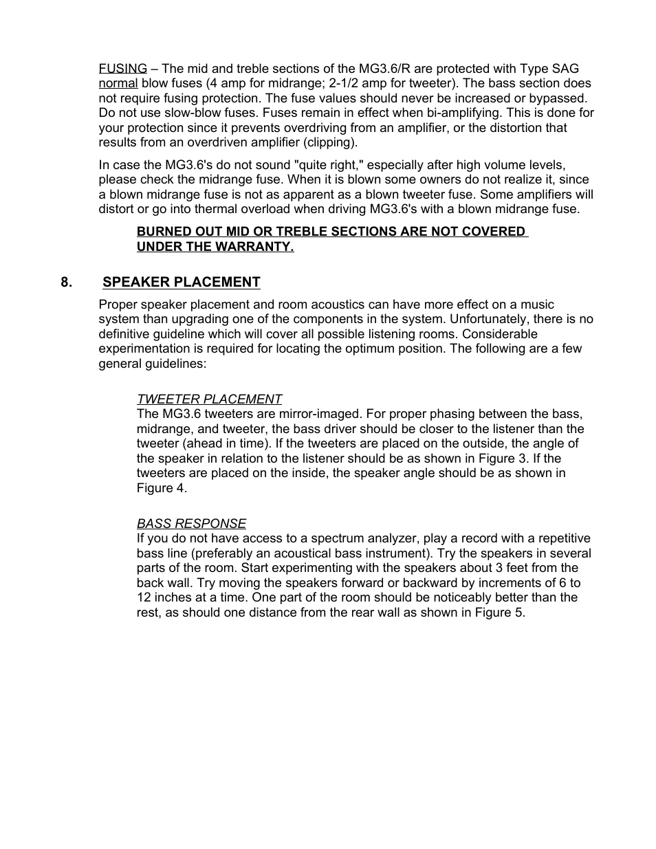 Speaker placement, Tweeter placement, Bass response | Magnepan MG 3.6 User Manual | Page 6 / 14