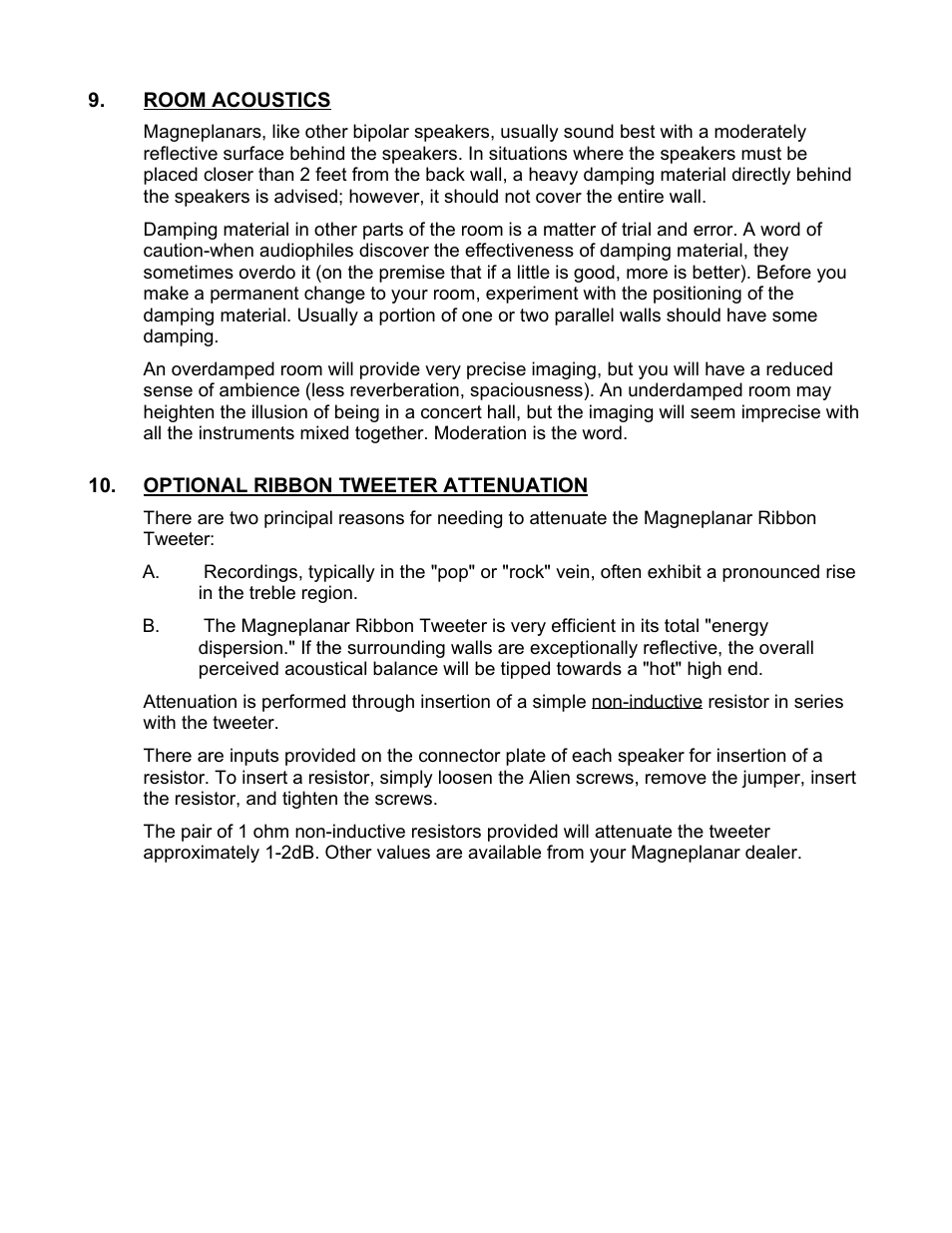 Room acoustics, Optional ribbon tweeter attenuation | Magnepan MG 3.6 User Manual | Page 9 / 14