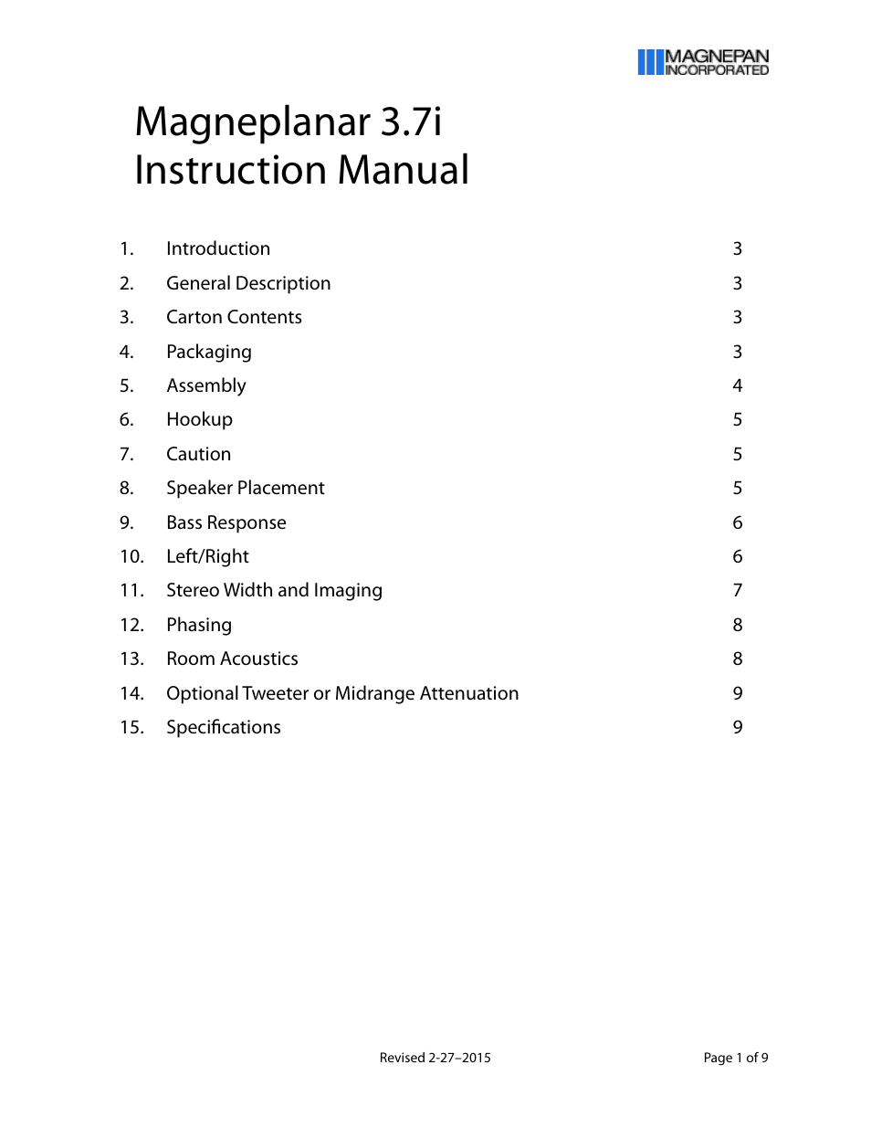 Magnepan MG 3.7 User Manual | 9 pages