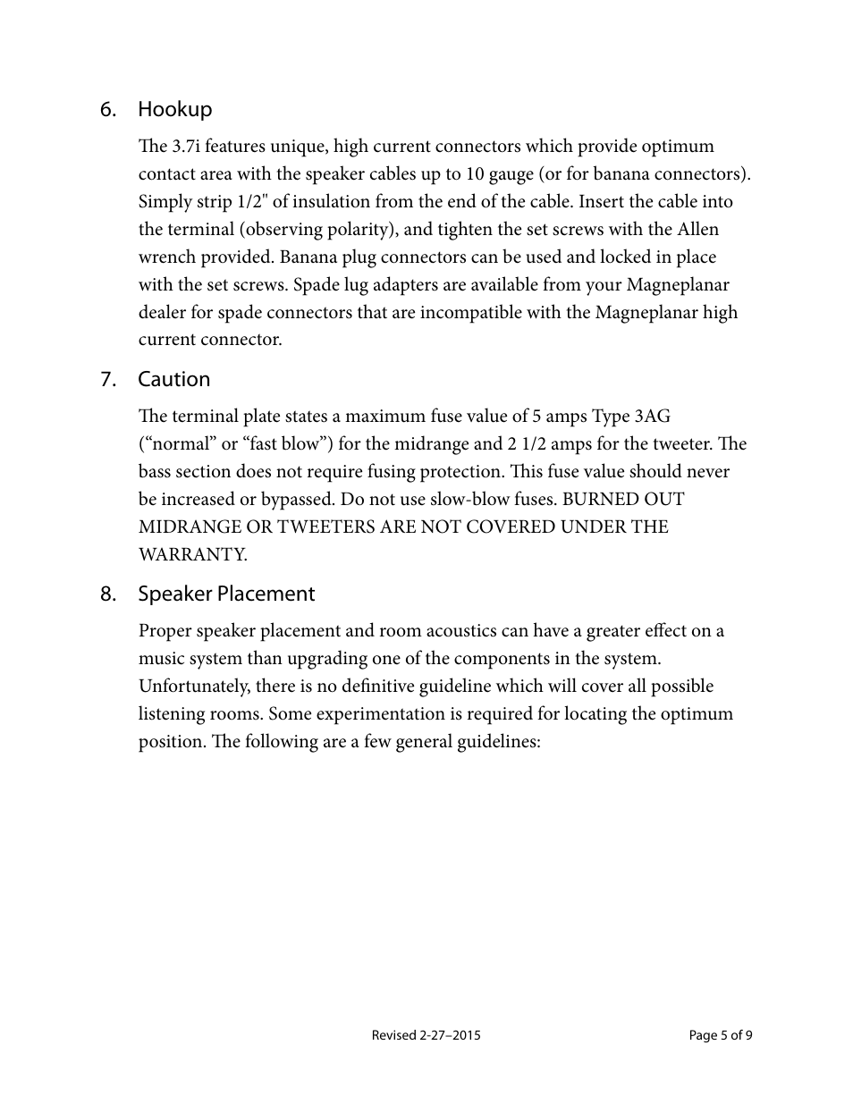 Hookup, Caution, Speaker placement | Magnepan MG 3.7 User Manual | Page 5 / 9