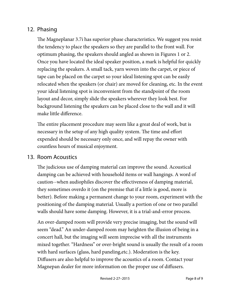 Phasing, Room acoustics | Magnepan MG 3.7 User Manual | Page 8 / 9
