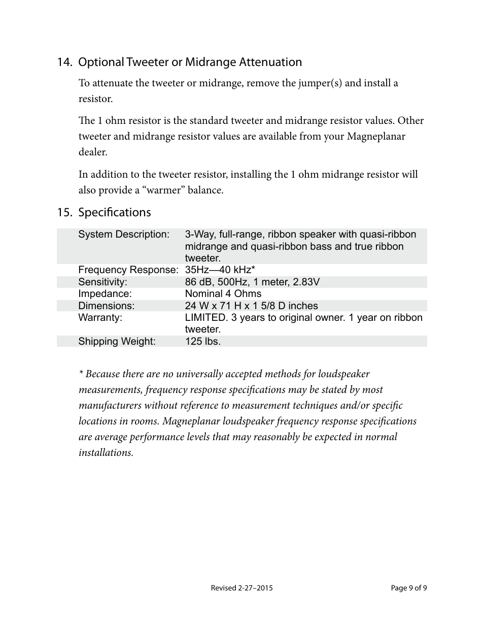 Optional tweeter or midrange attenuation, Specifications | Magnepan MG 3.7 User Manual | Page 9 / 9