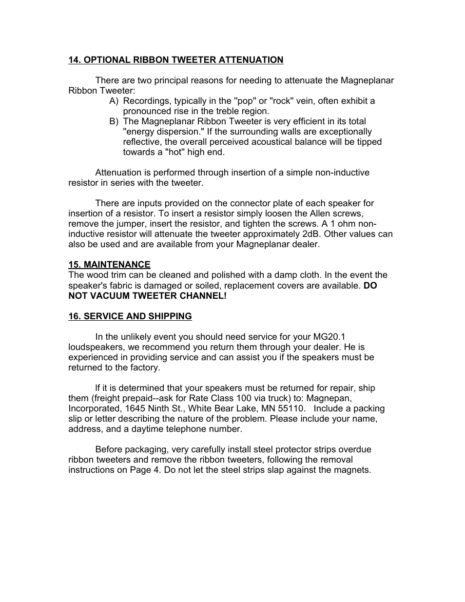 Magnepan MG 20.1 User Manual | Page 10 / 12