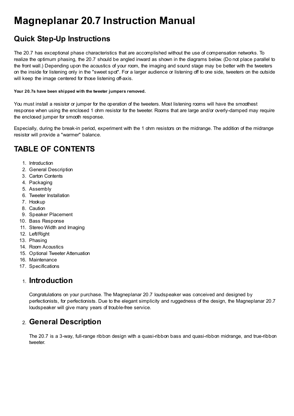 Magnepan MG 20.7 User Manual | 5 pages