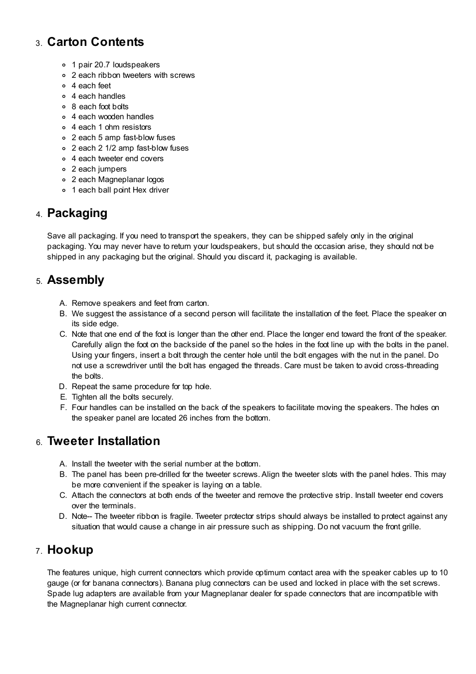 Carton contents, Packaging, Assembly | Tweeter installation, Hookup | Magnepan MG 20.7 User Manual | Page 2 / 5
