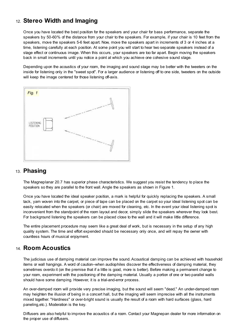 Stereo width and imaging, Phasing, Room acoustics | Magnepan MG 20.7 User Manual | Page 4 / 5
