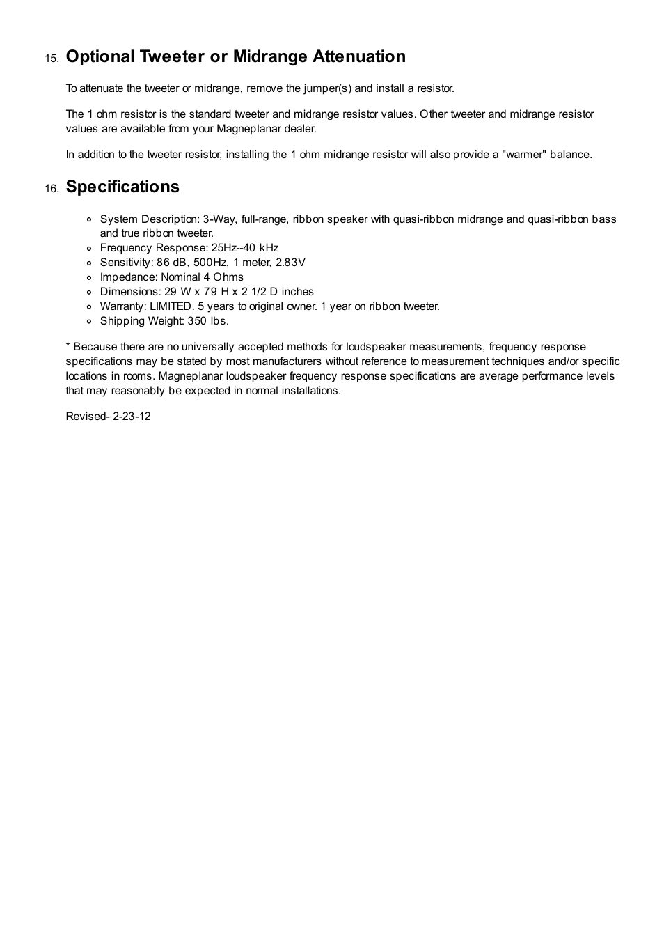 Optional tweeter or midrange attenuation, Specifications, Optional tweeter attenuation | Magnepan MG 20.7 User Manual | Page 5 / 5