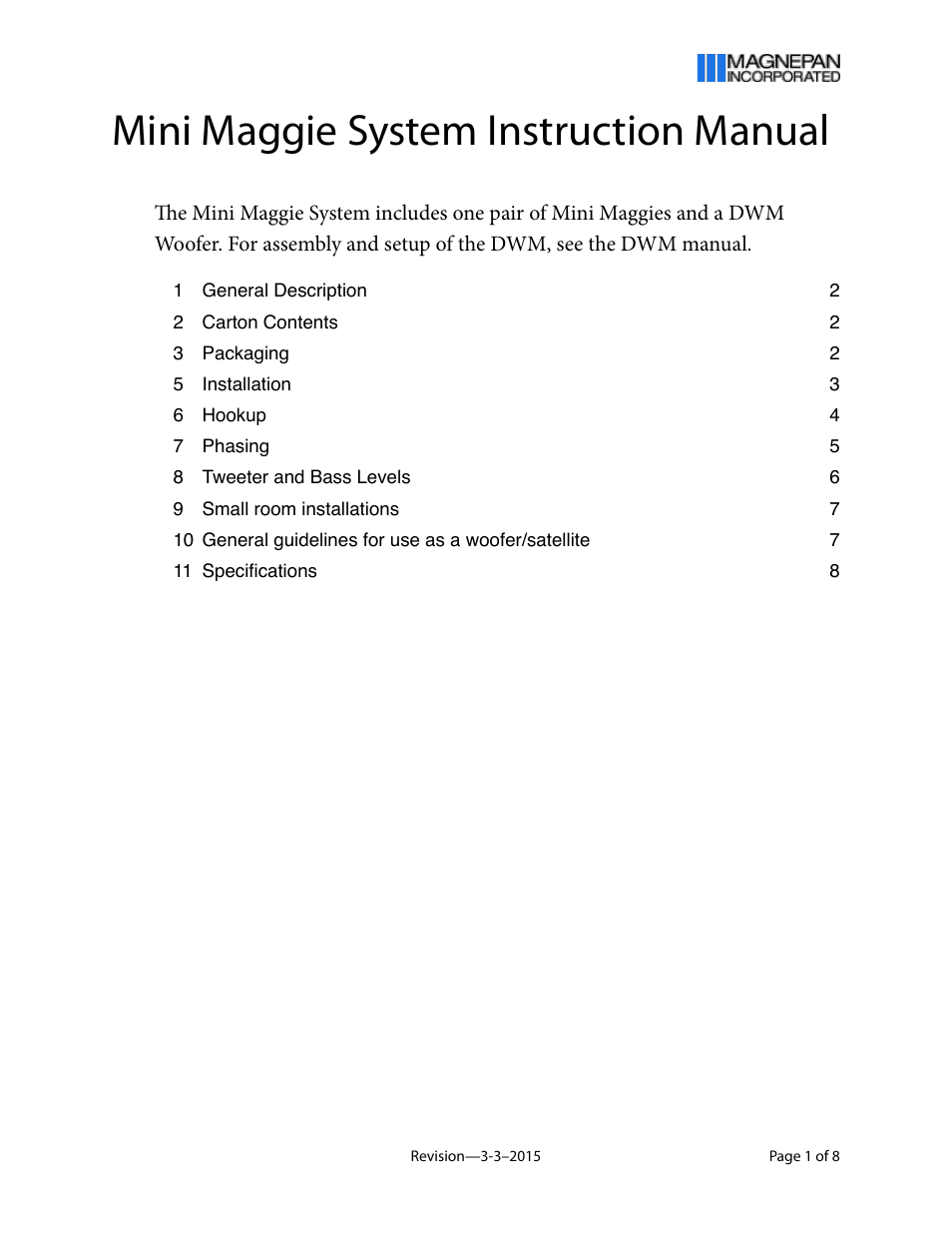 Magnepan Mini Maggie System User Manual | 8 pages