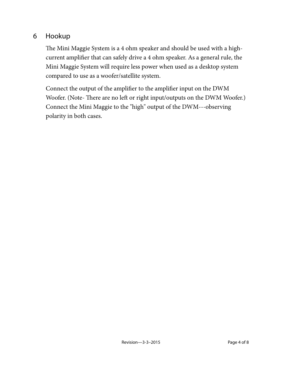 6 hookup | Magnepan Mini Maggie System User Manual | Page 4 / 8