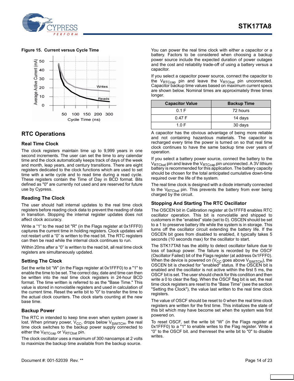 Rtc operations, Real time clock, Reading the clock | Setting the clock, Backup power, Stopping and starting the rtc oscillator, Stk17ta8 | Cypress AutoStore STK17TA8 User Manual | Page 14 / 23