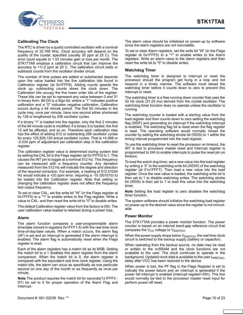 Calibrating the clock, Alarm, Watchdog timer | Power monitor, Stk17ta8 | Cypress AutoStore STK17TA8 User Manual | Page 15 / 23