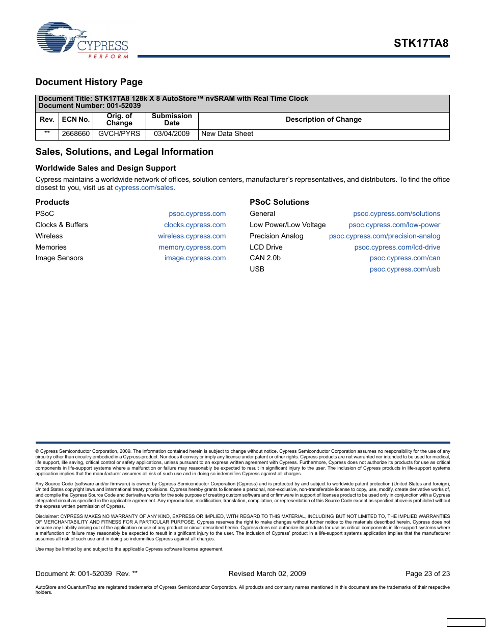 Sales, solutions, and legal information, Worldwide sales and design support, Products | Psoc solutions, Stk17ta8 | Cypress AutoStore STK17TA8 User Manual | Page 23 / 23