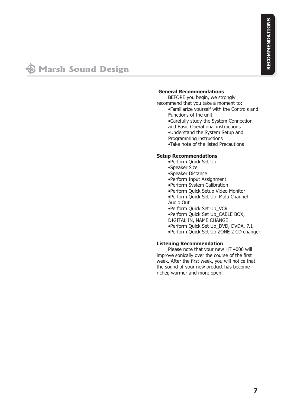 Marsh sound design | Marsh Sound Design The HT 4000 High Resolution Audio-Video Processor User Manual | Page 7 / 26