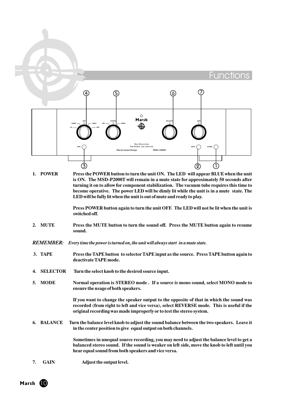 Functions, Remember | Marsh Sound Design P2000-T Hybrid-Tube Line Amplifier User Manual | Page 10 / 20
