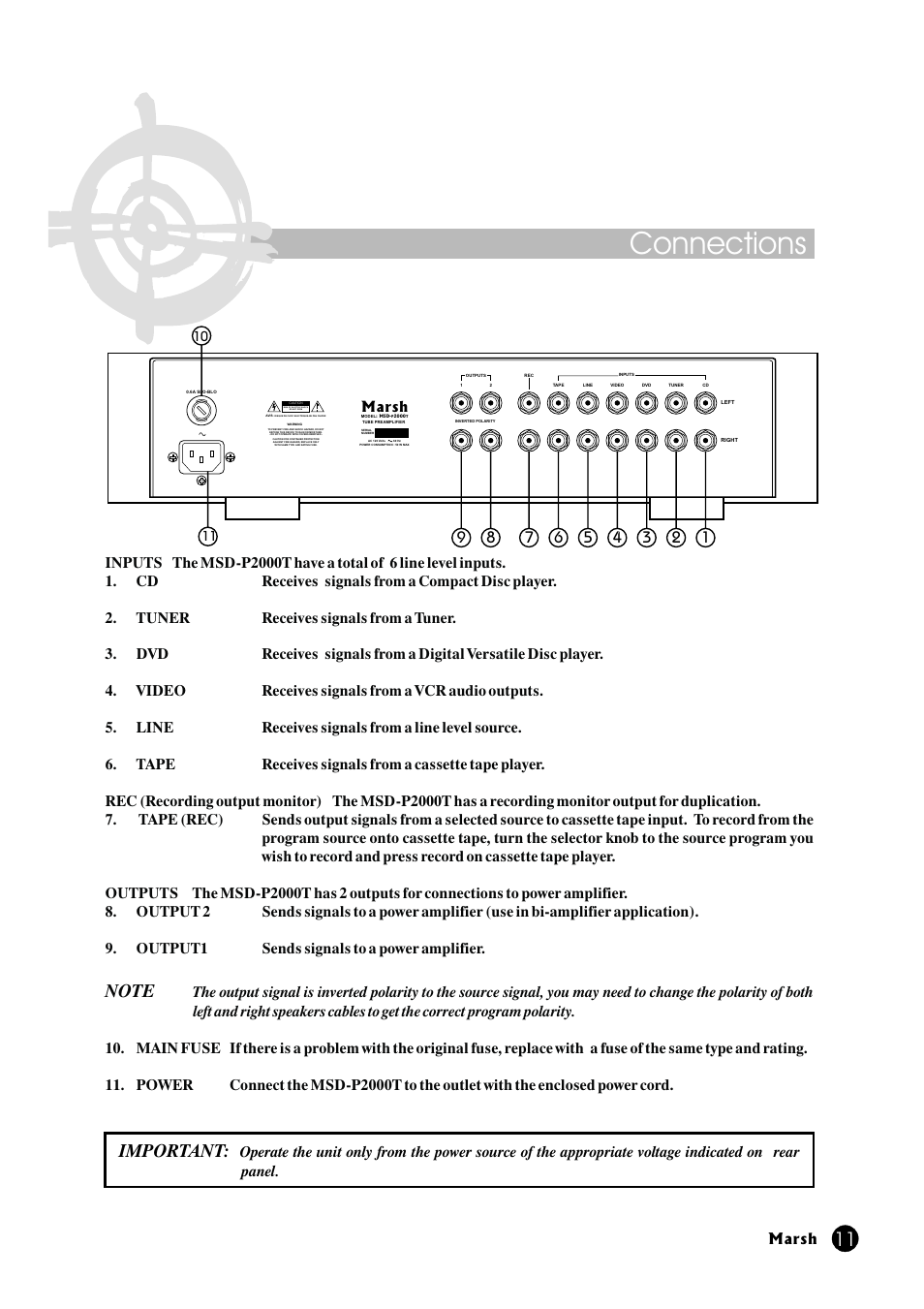 Connections, Important, Marsh | Marsh Sound Design P2000-T Hybrid-Tube Line Amplifier User Manual | Page 11 / 20