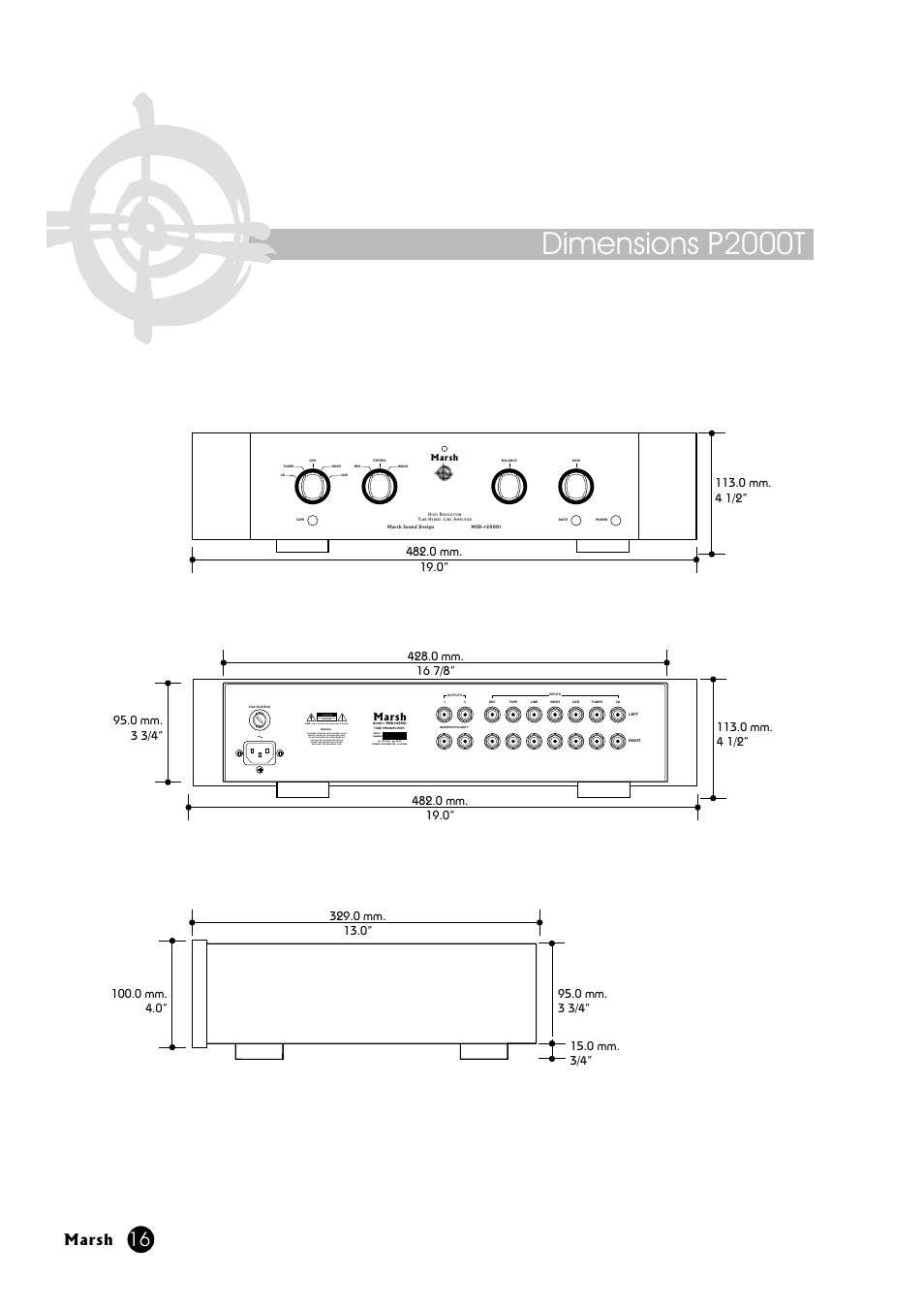 Dimensions p2000t, Marsh, Risque de choc electrique-ne pas ouvrir | 0 mm. 4 1/2 | Marsh Sound Design P2000-T Hybrid-Tube Line Amplifier User Manual | Page 16 / 20
