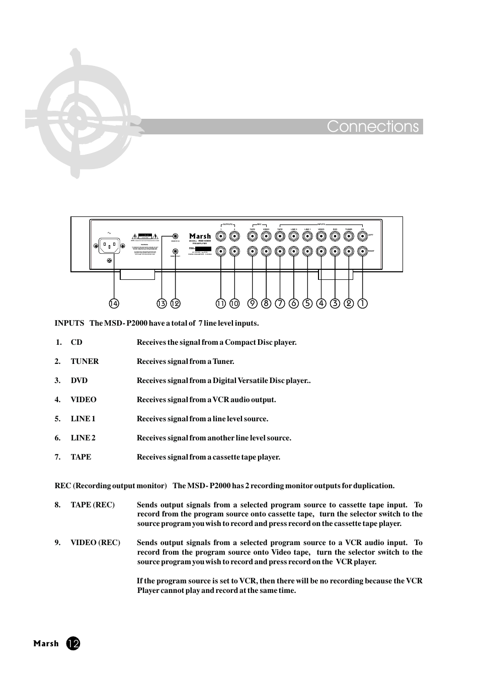 Connections, Risk of electric shock do not open, Marsh | Marsh Sound Design P2000-B High Performance Line Amplifier User Manual | Page 12 / 20