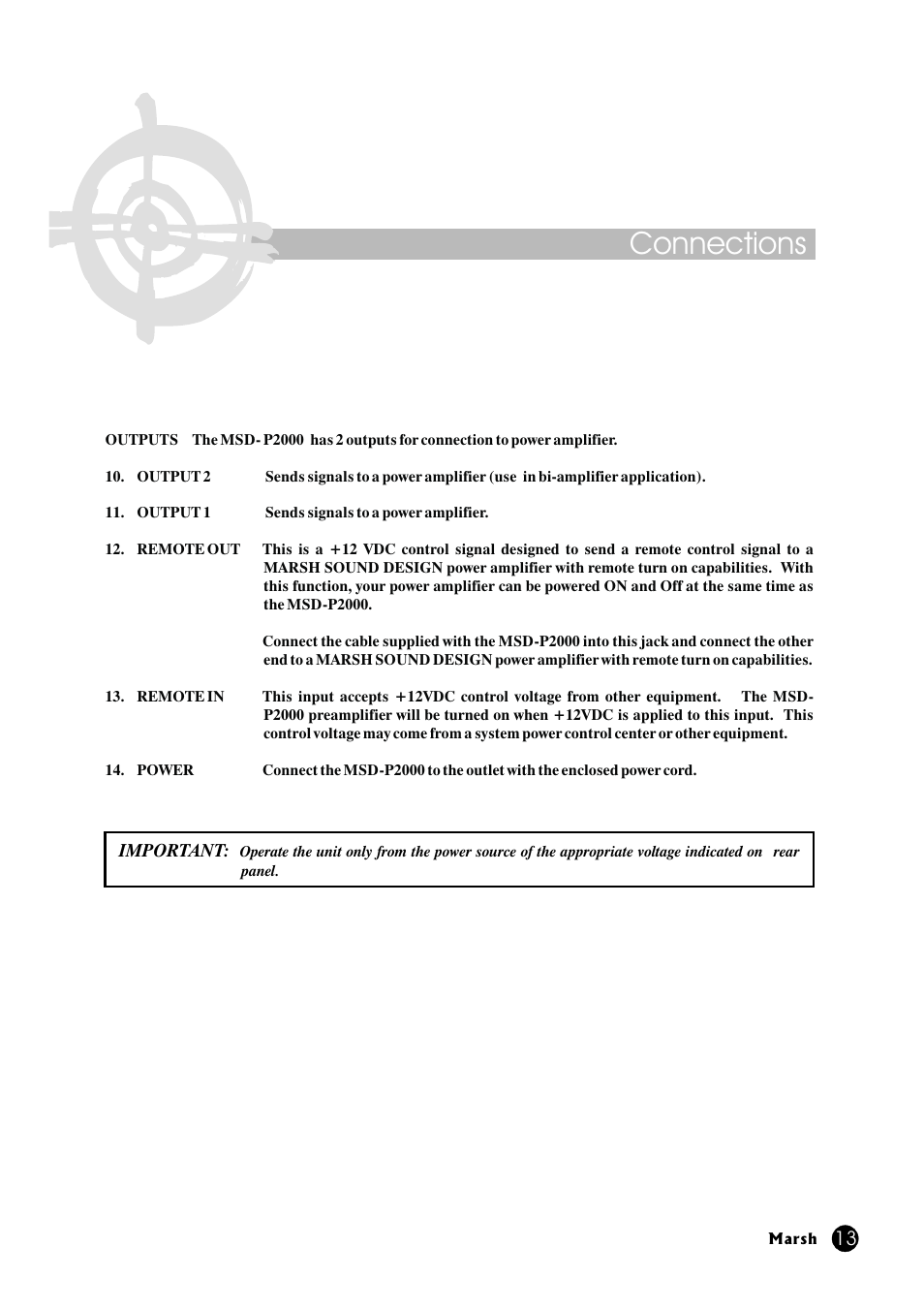 Connections | Marsh Sound Design P2000-B High Performance Line Amplifier User Manual | Page 13 / 20