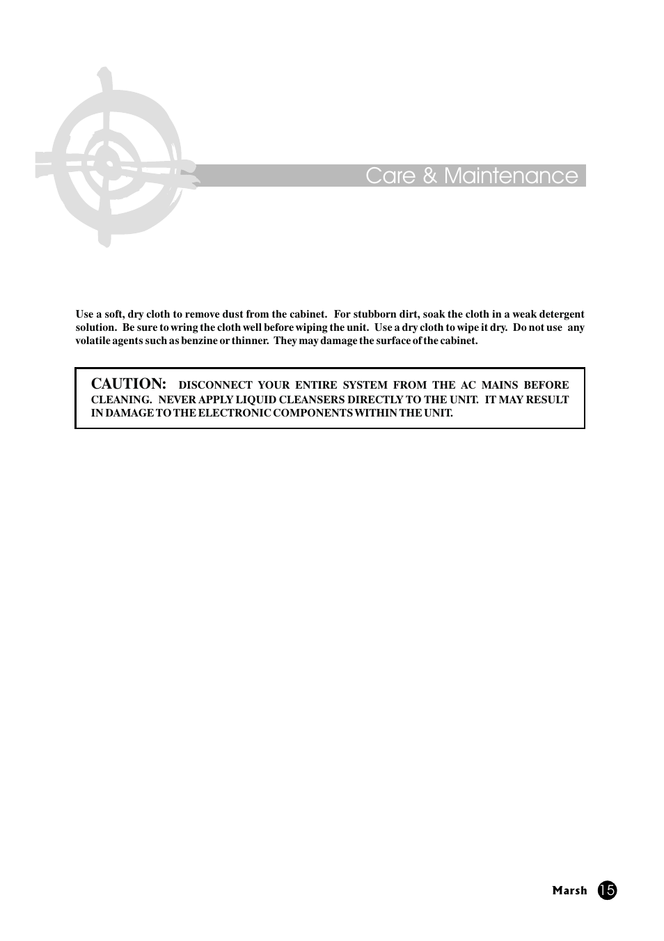 Care & maintenance, Caution | Marsh Sound Design P2000-B High Performance Line Amplifier User Manual | Page 15 / 20